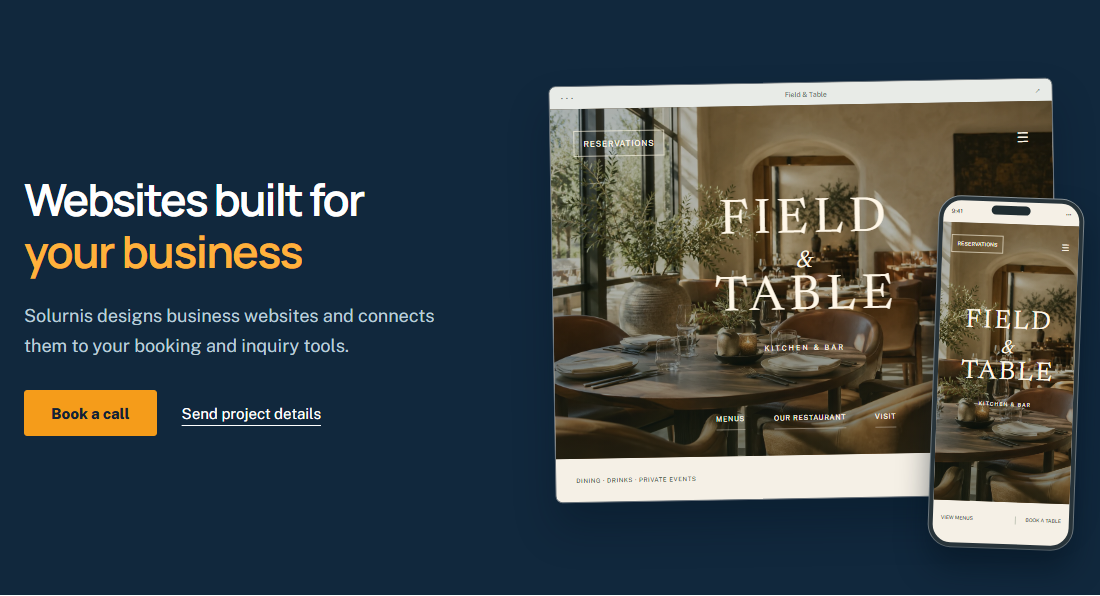 Solurnis homepage showing the website offer and a restaurant design concept